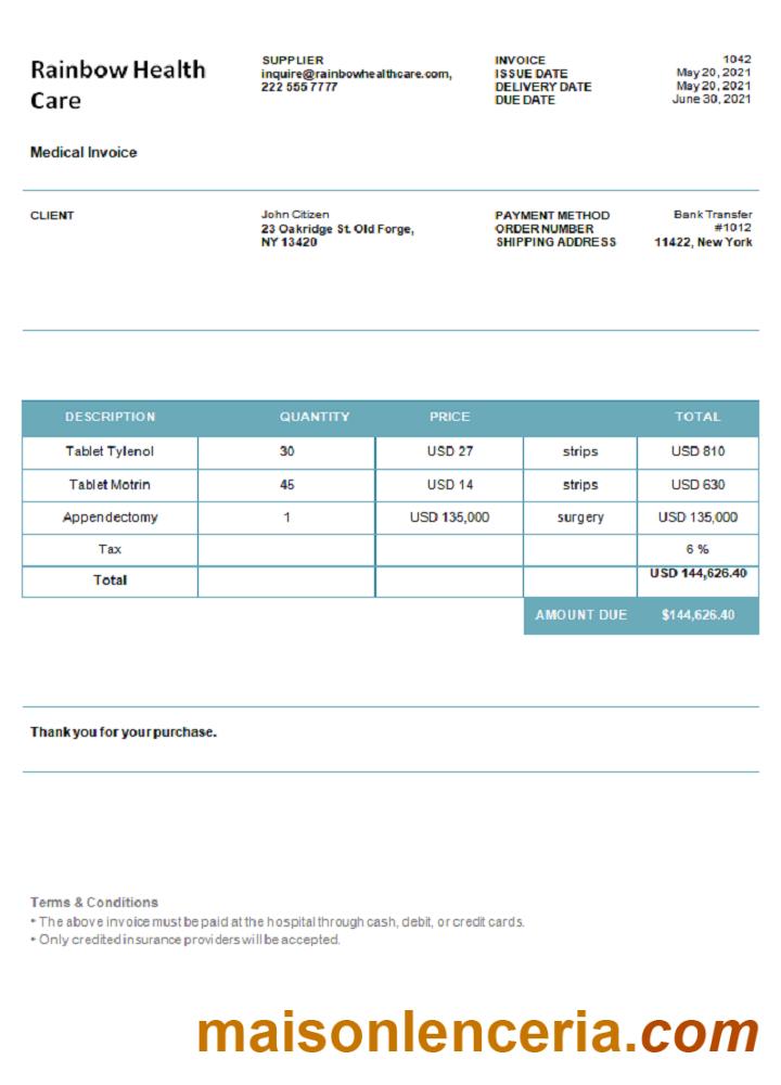 USA Rainbow Health Care faktura słowo i szablon PDF